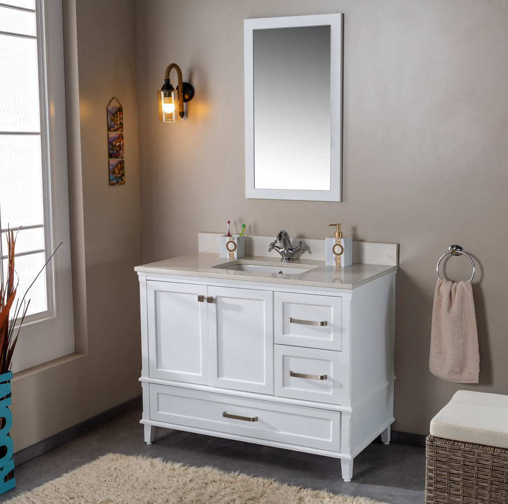 Nera Collection 42" Bathroom Vanity With Sink, Mirror, Countertop, White