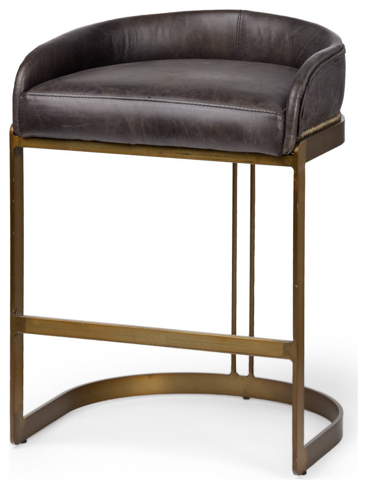 29" Black Leather Antiqued Gold Low Back Counter Stool