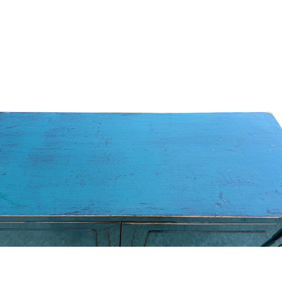 Distressed Rich Teal Blue 2 Doors Low Credenza Sideboard Console Cabinet