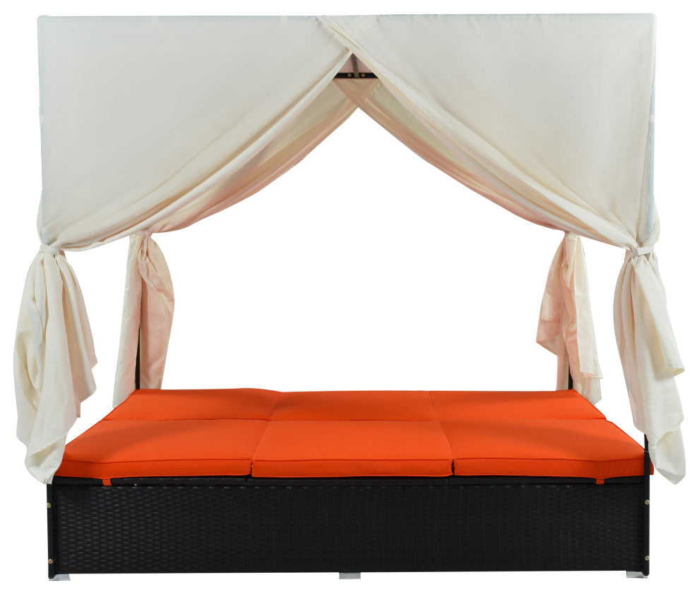 2-Piece Outdoor Wicker Patio Sunbed Daybed With Cushions And Adjustable Seats, Black Orange