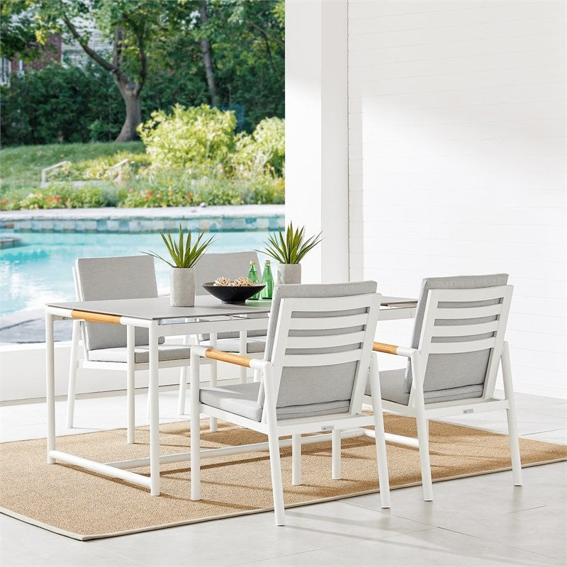 Crown 5-Piece White Aluminum and Teak Outdoor Dining Set With Light Gray Fabric