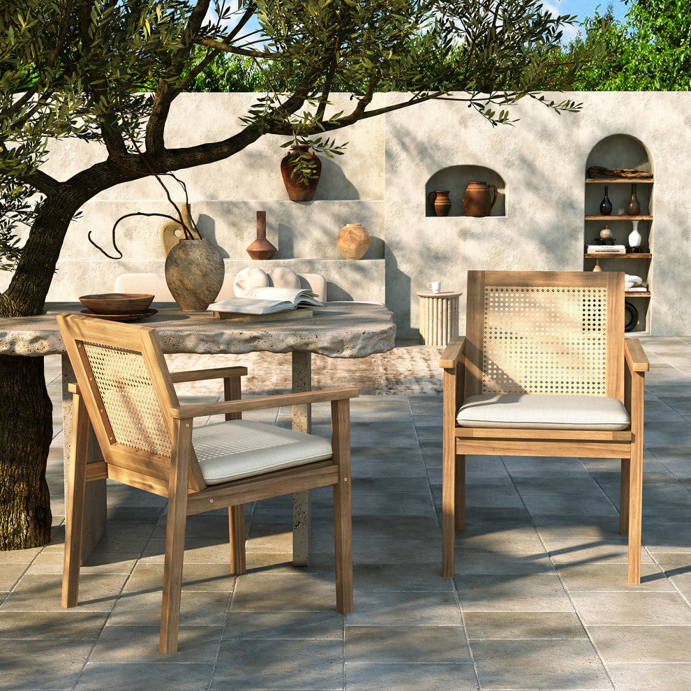 GDF Studio Outdoor Acacia Wood Dining Chairs With Cushions, Set of 2, Teak/Beige