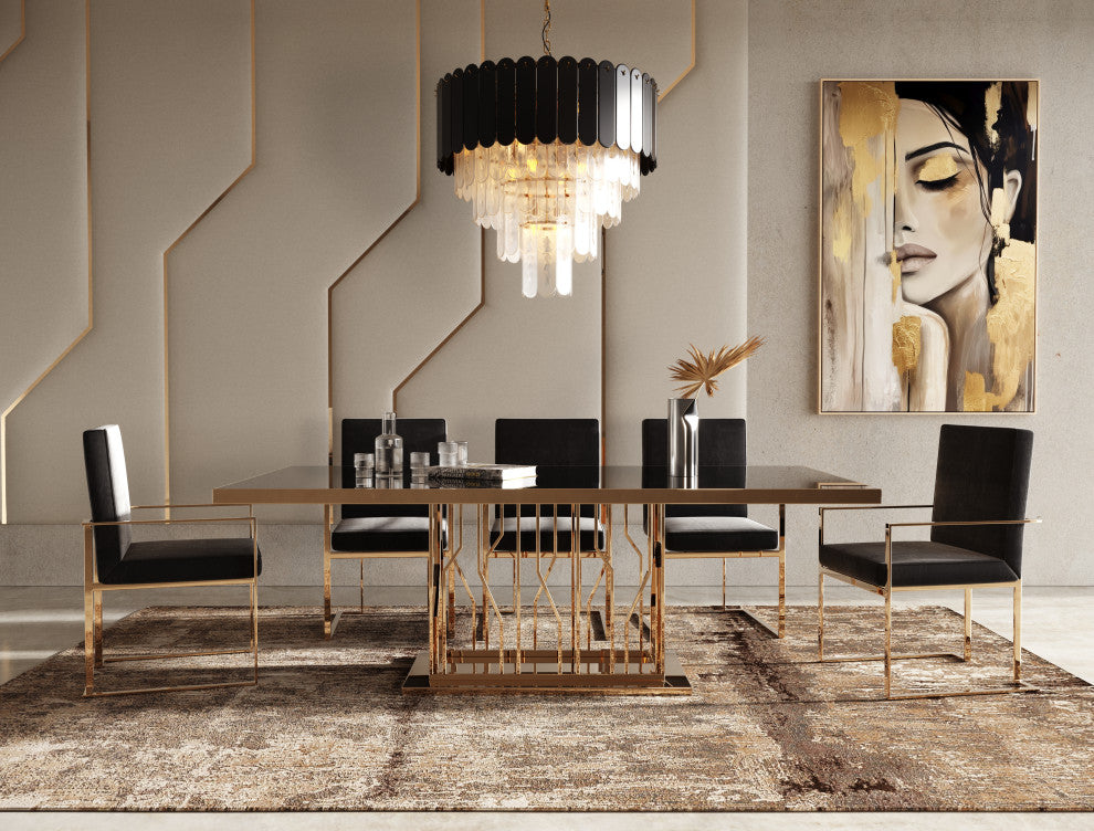 Modrest Marston Modern Black Glass and Rosegold Dining Table