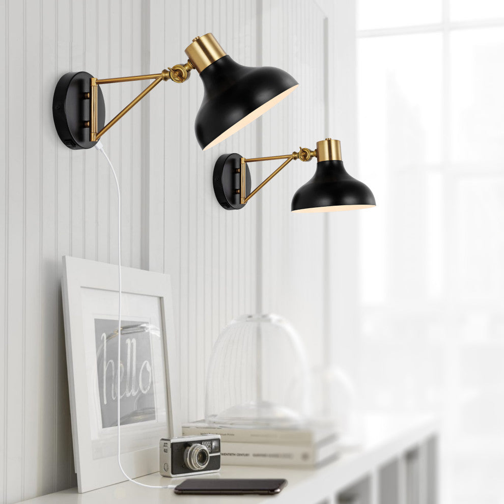 Lynn Swing Arm 1-Light Modern Midcentury Iron USB Charging Port LED Sconce, Blac