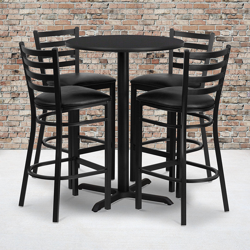 30'' Round Black Laminate Table, 4 Ladder Back Metal Barstools- Black Seat