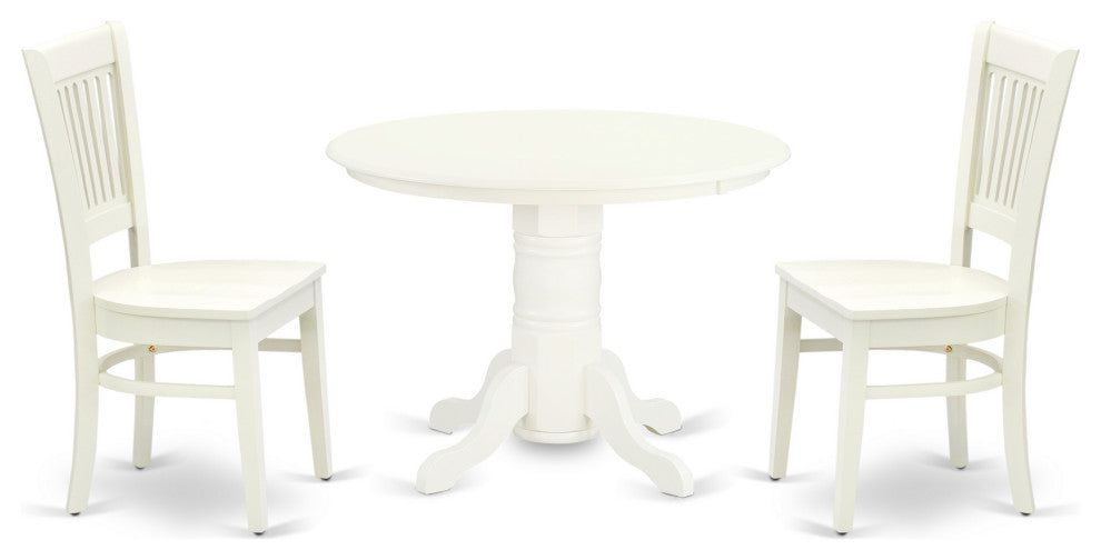 3Pc Dining Set 2 Wooden Chairs, Round Table, Slatted Chair Back Linen White
