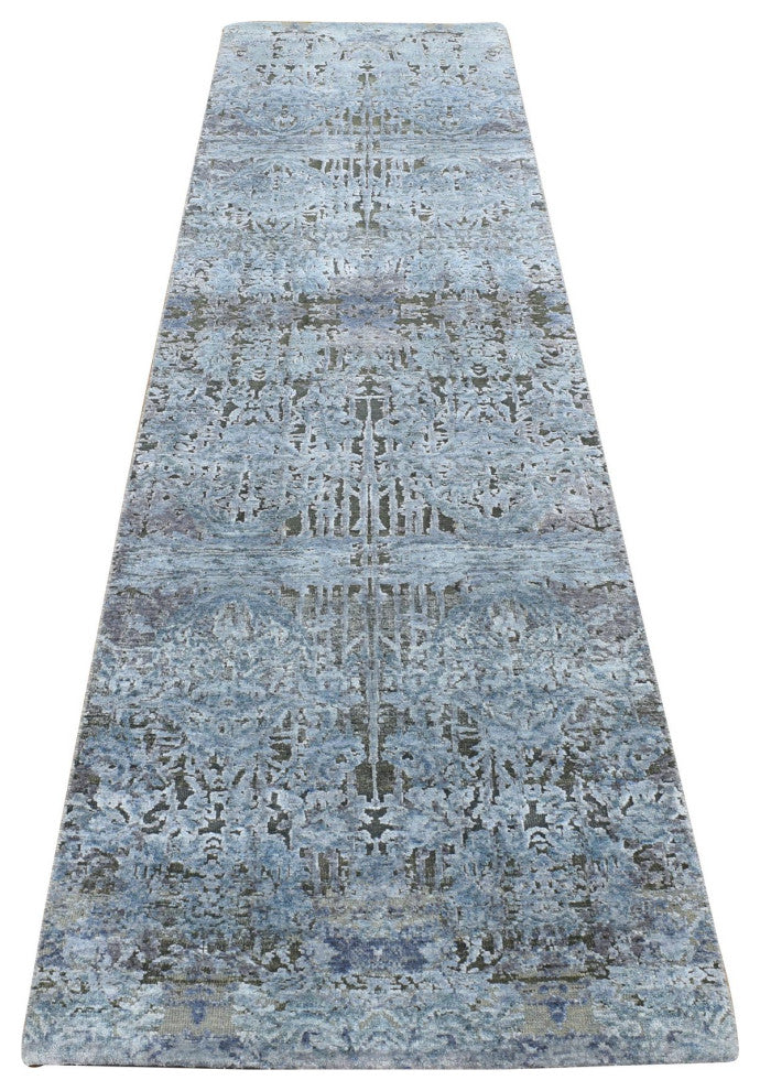 Gray Silk With Wool Hand Knotted Erased and Broken Design Runner Rug 2'6"x10'