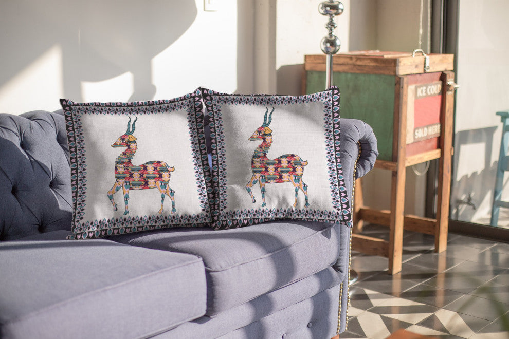 20" Blue White Boho Deer Suede Throw Pillow