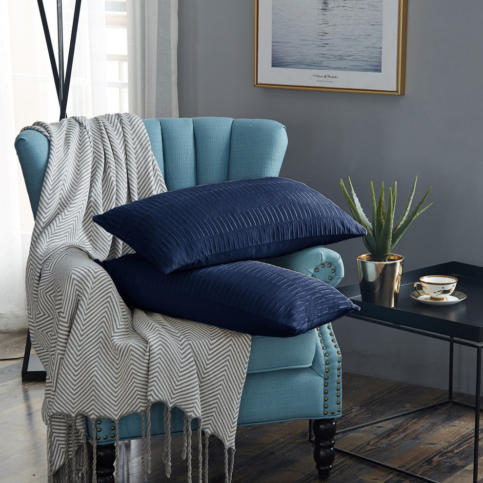 Pleated Velvet Pillow Covers, Set of 2, Blue, 14"x26"