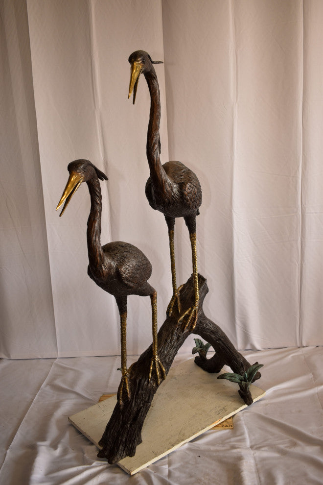 Two Herons on a Tree log Bronze Fountain Statue 38" x 19" x 64"H