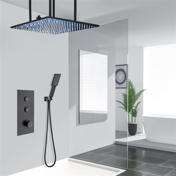 Fontana 24" Thermostatic LED Rainfall Shower System, Handheld Shower-Matte Black