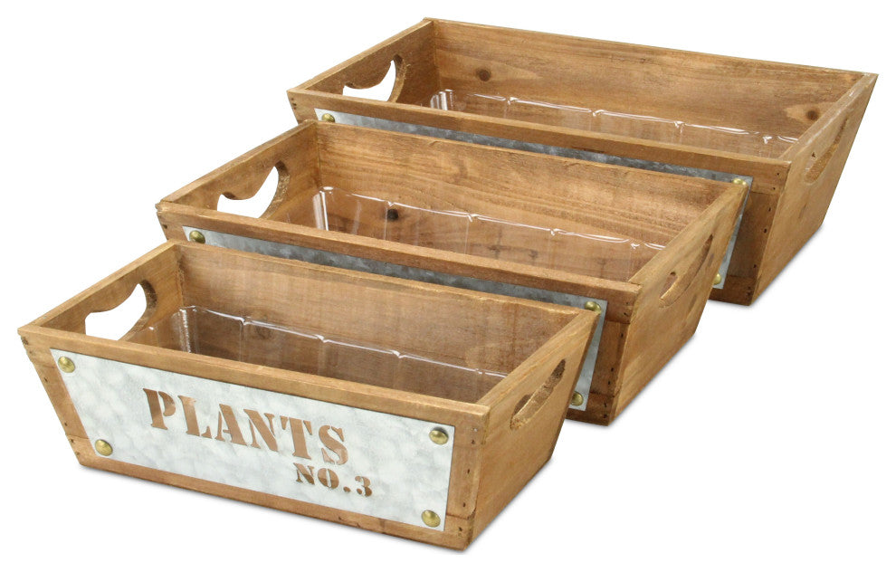 Set Of 3 Tapered Wood Storage With Galvanized Cutout Accent
