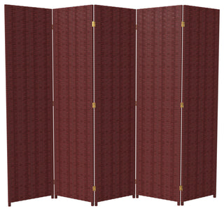 6' Tall Woven Fiber Room Divider, 5 Panel, Red/Black