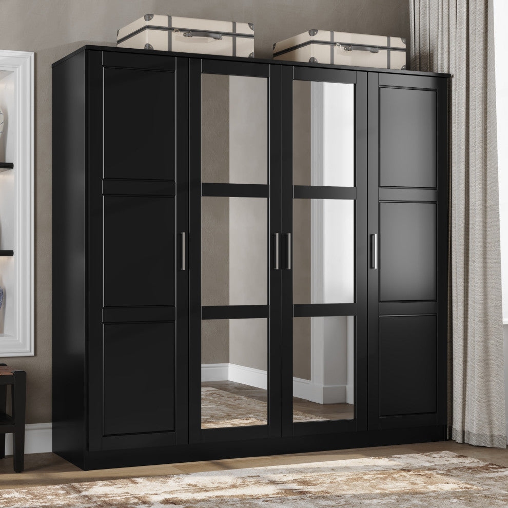 100% Solid Wood Cosmo 4-Door Wardrobe/Armoire/Closet, Black-Mirror
