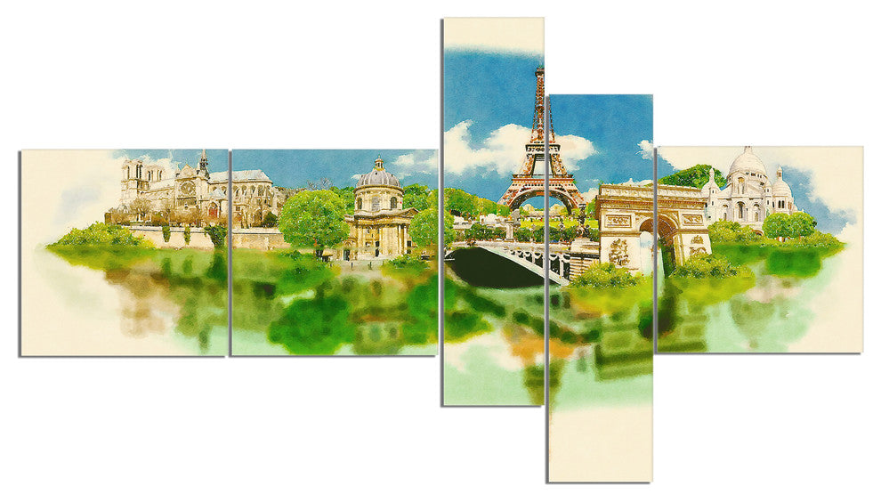 Paris Panoramic View, Cityscape Watercolor Canvas Print, 60"x32", 5 panels