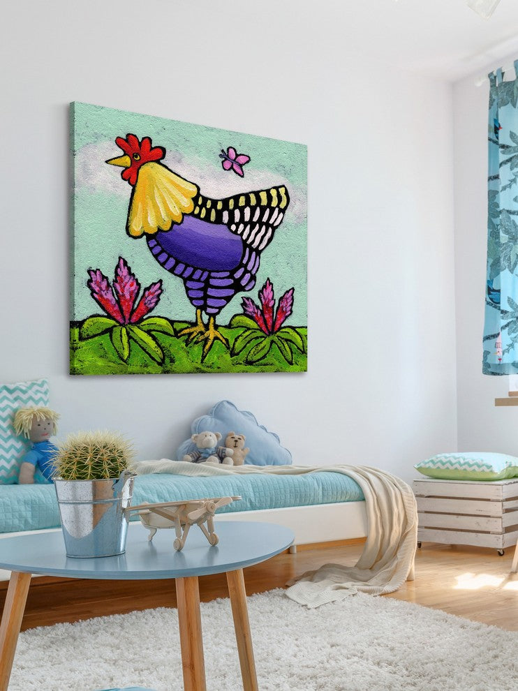 "Hen with Rooster Tails" by Janet Nelson Print Wrapped Canvas, 32x32