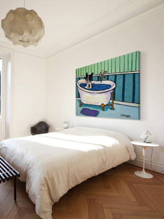 "Boston Terrier Bath" Painting Print on Wrapped Canvas, 36"x24"