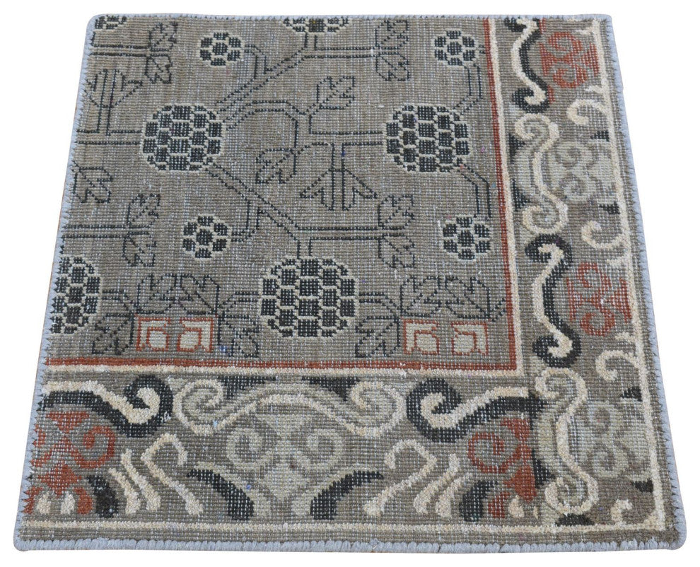 Brown Zero Pile Khotan and Samarkand Design Hand Knotted Mat Rug, 2'1"x2'2"
