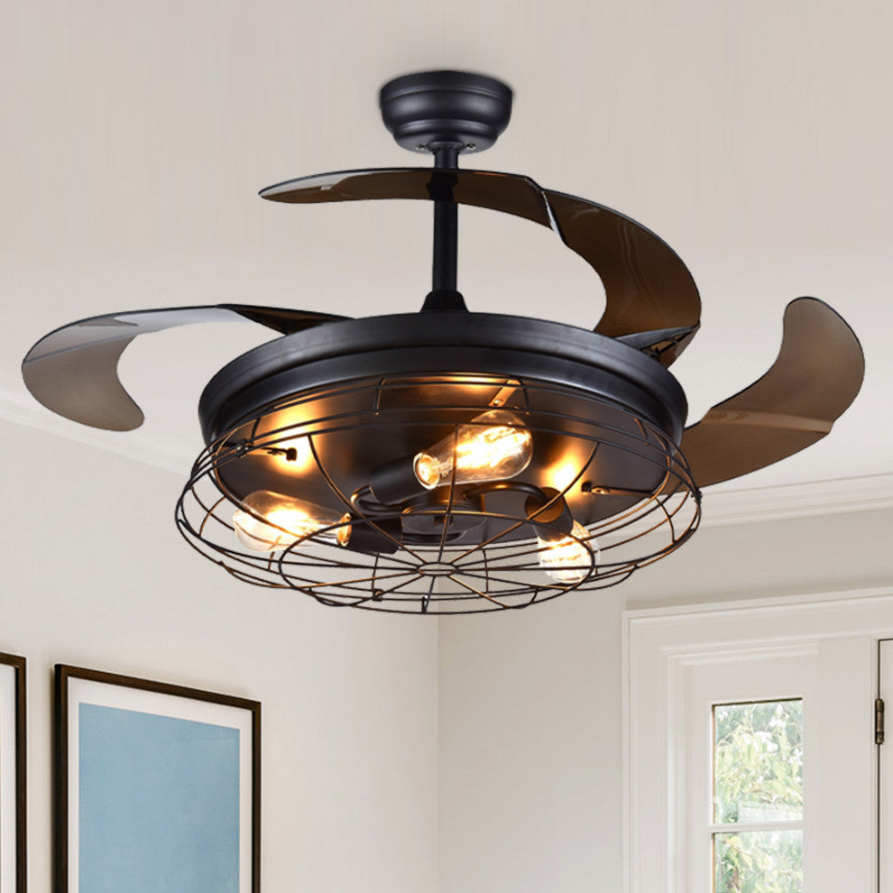 42" Vintage Industrial Ceiling Fan with Retractable Blades, Remote Control, Black