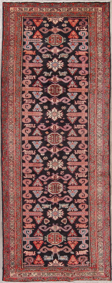 Consigned, Vintage Persian Hand Made Oriental Runner Rug, Black, 10'5"X4'1"