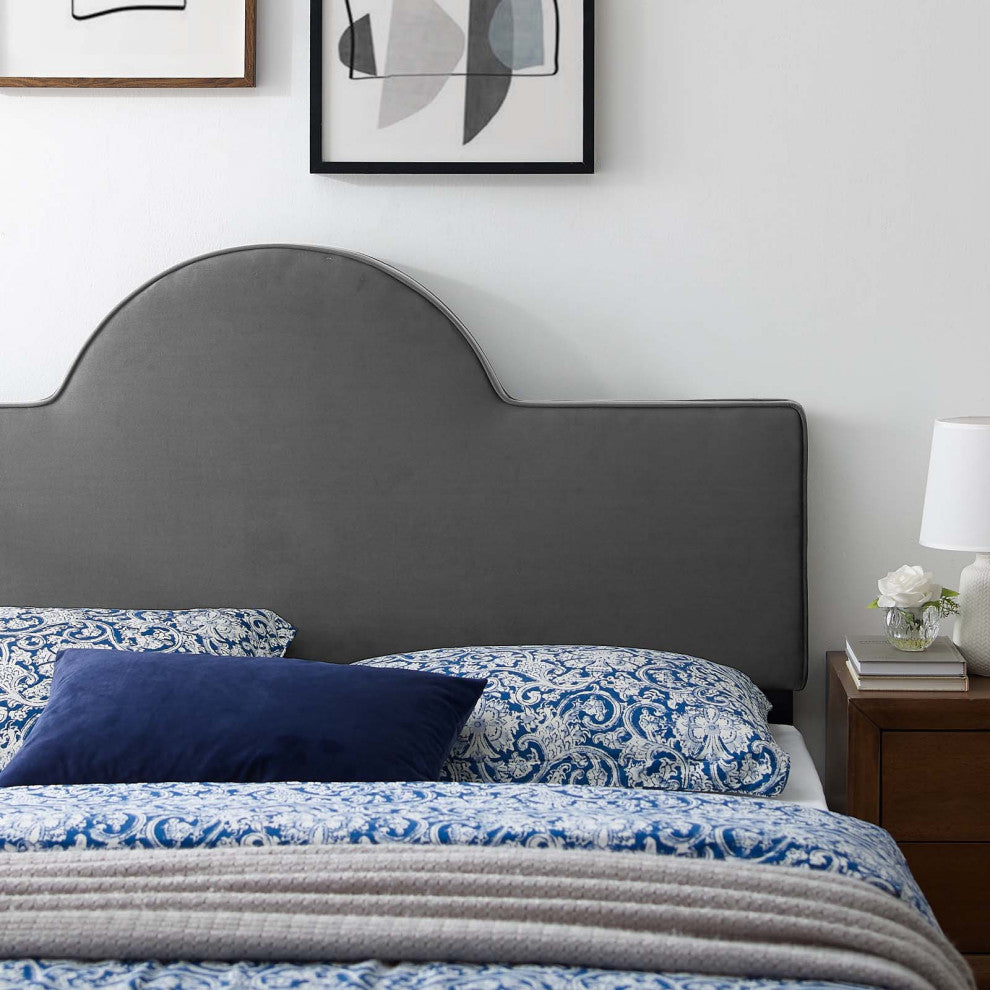 Headboard, Full Queen Size, Velvet, Dark Gray, Modern Contemporary, Bedroom