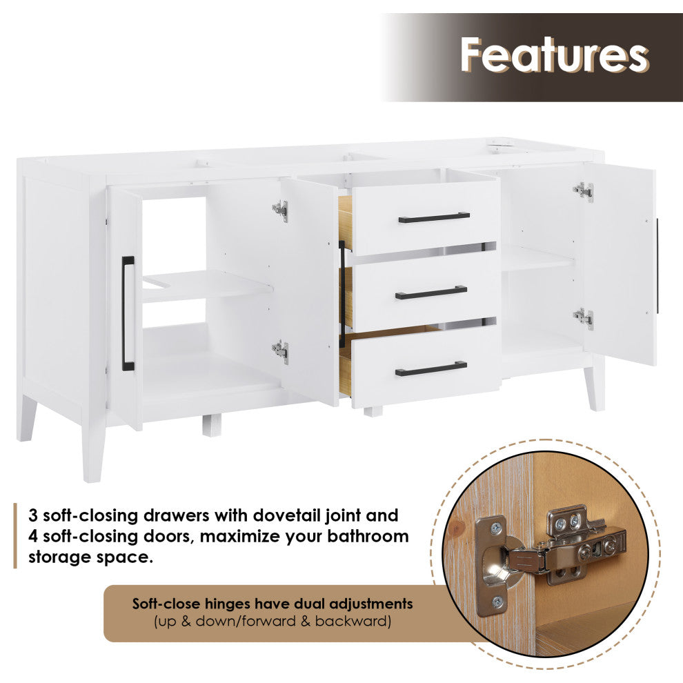 Laurel Bathroom Vanity with Calacatta White Quartz Stone Countertop, White, 72", Without Mirror