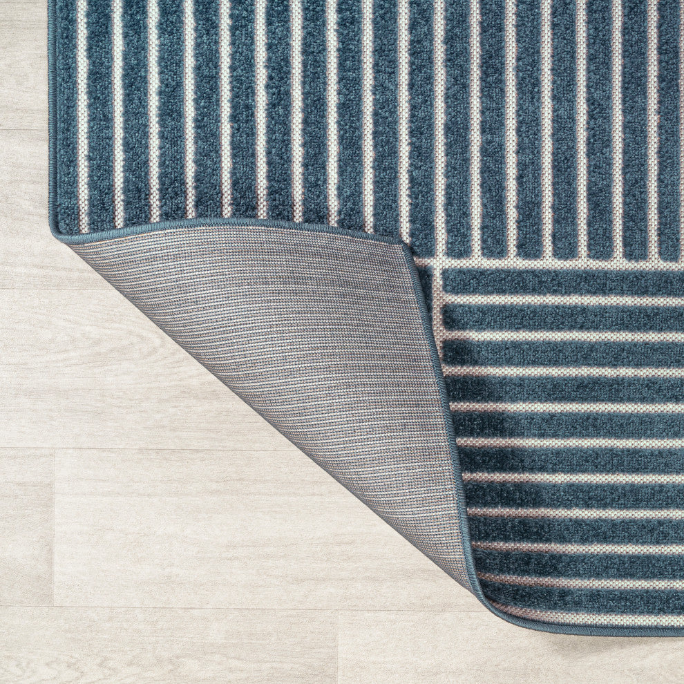 High-Low Arch Scandi Striped Navy/Cream 3 ft x 5 ft Indoor/Outdoor Area Rug