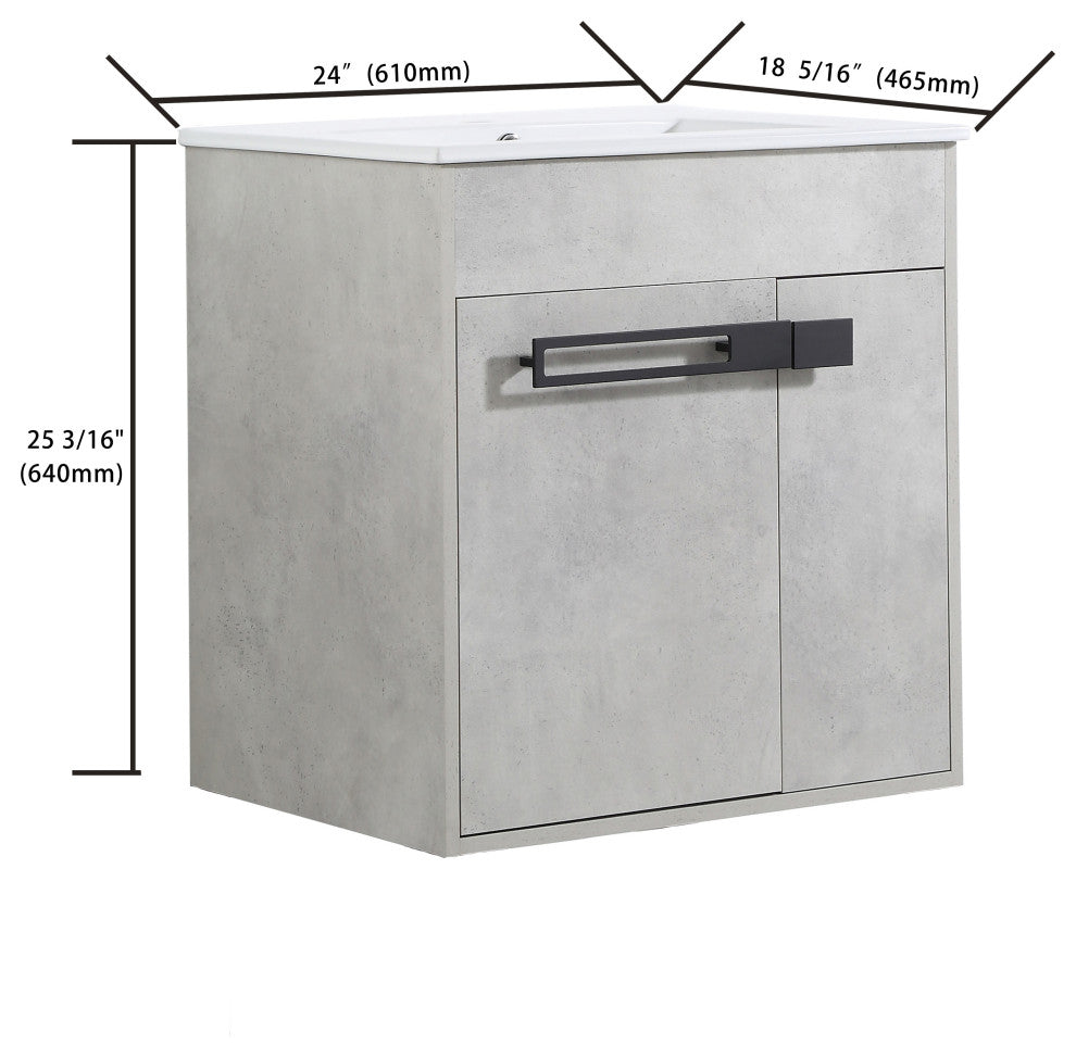 Freestanding/Floating Bathroom Vanity With white Ceramics Top, Grey, 24"