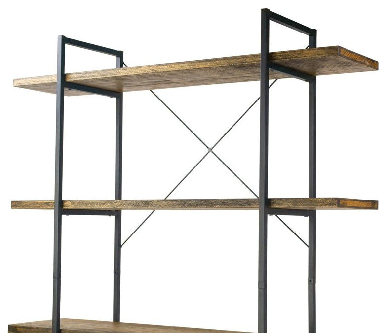 Industrial Bookcase, Metal Frame With Paulownia Wooden Shelves & X-Back Support