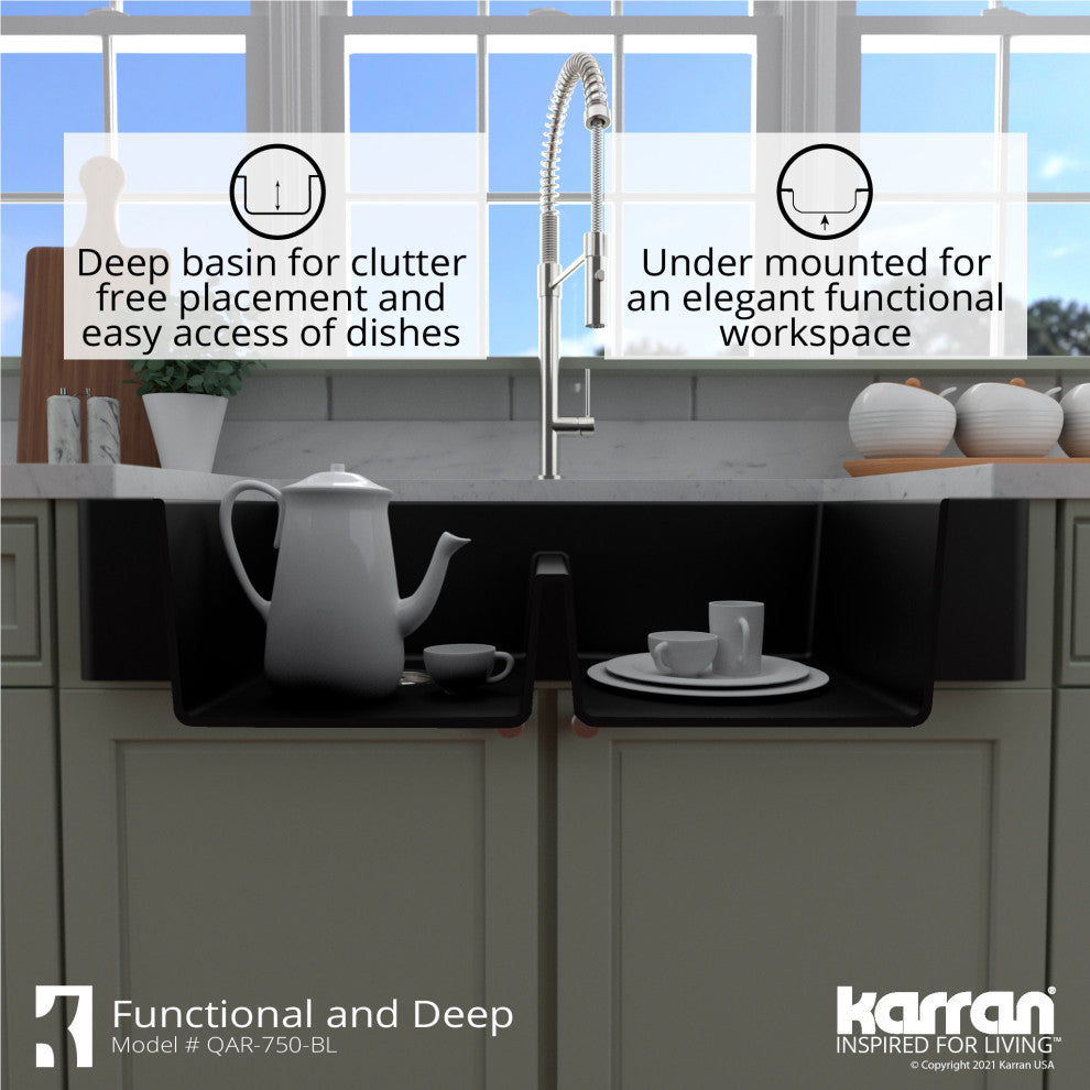 Karran Retrofit Farmhouse Quartz 34" Double Bowl Sink, Black
