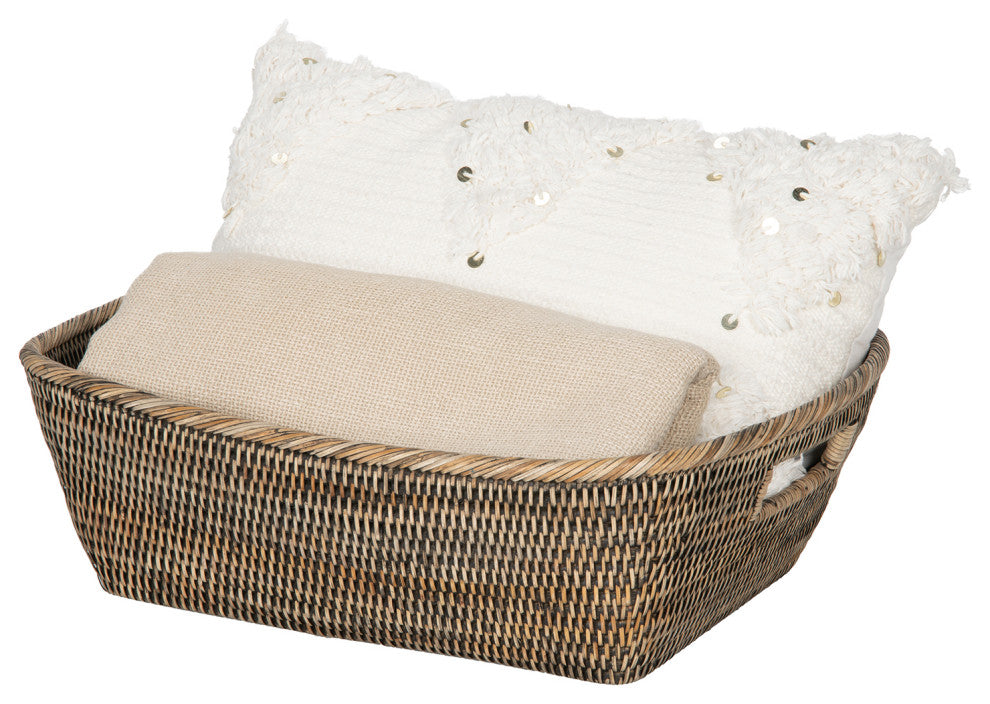 La Jolla Oblong Rattan Storage and Shelf Basket, Black-Wash