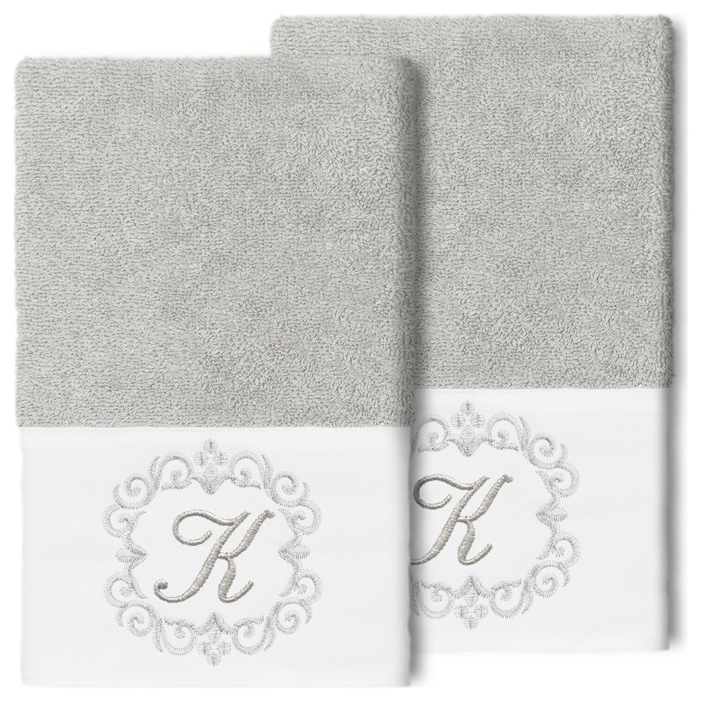 Linum Home Turkish Cotton Monica 2-Piece Embellished Hand Towel Set, Light Gray