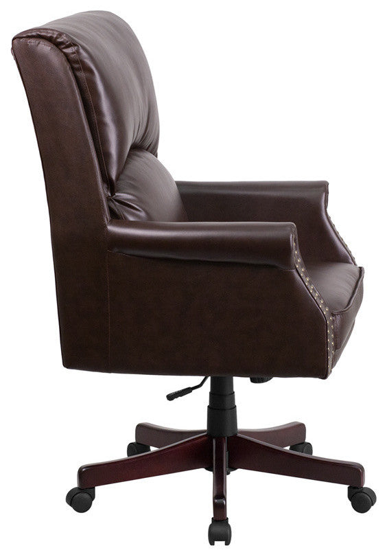 High Back Pillow Back Brown LeatherSoft Executive Swivel Office Chair with Arms