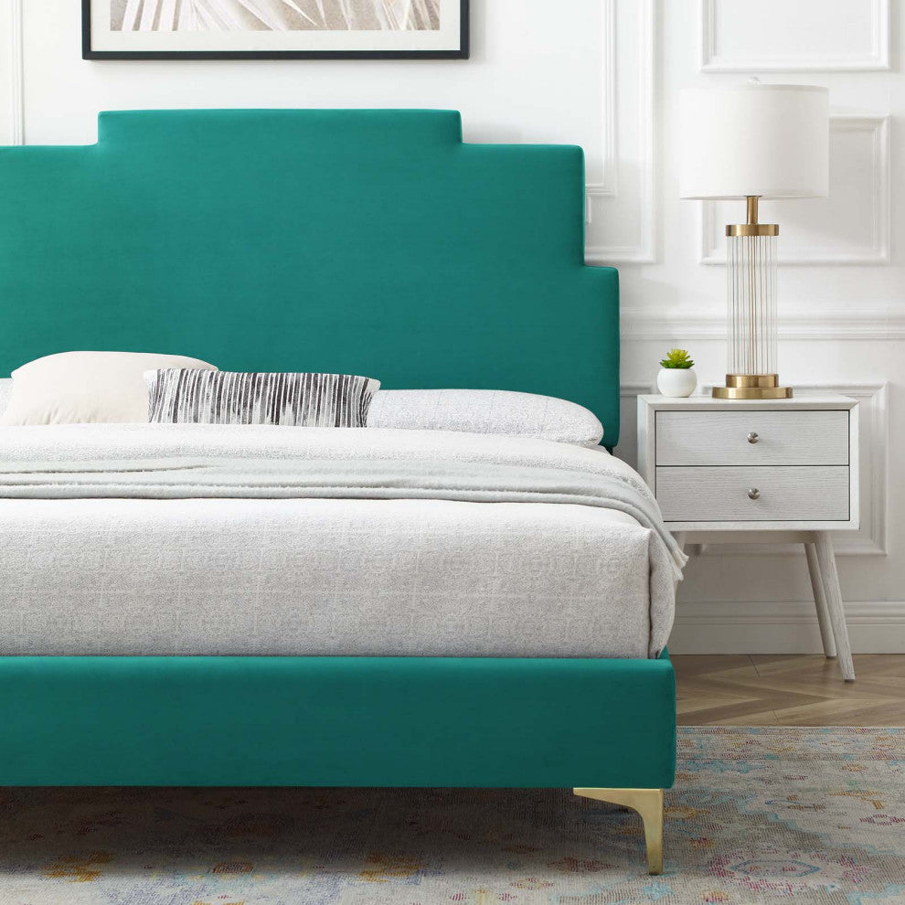 Platform Bed Frame, Queen Size, Velvet, Teal Blue, Modern Contemporary, Bedroom