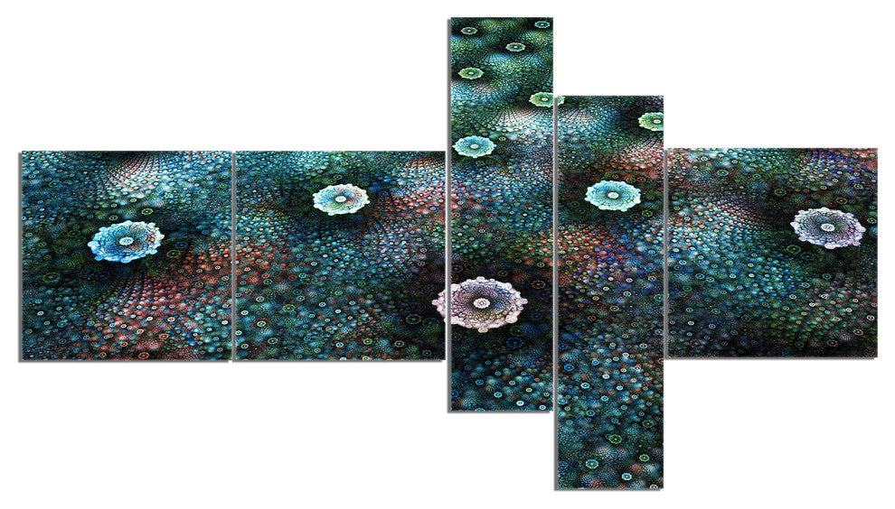 Blue Flowers on Alien Planet, Floral Canvas Art Print, 60"x32", 5 panels