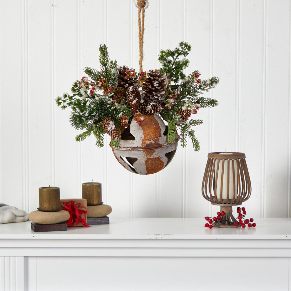 16" Holiday Xmas Jumbo Metal Bell Ornament With Faux Holly, Berries and Pine