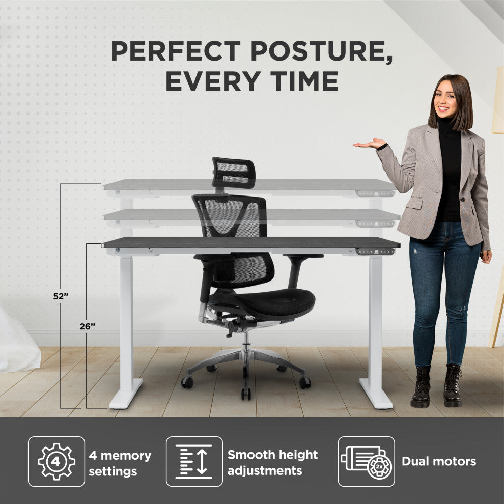 Rise Up Bamboo Electric Adjustable Height Office Desk, White Frame, Black Bamboo Desktop