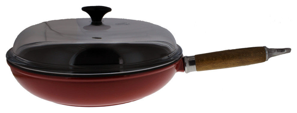 Chasseur 11" French Enameled Cast Iron Fry Pan With Wooden Handle Glass Lid, Red