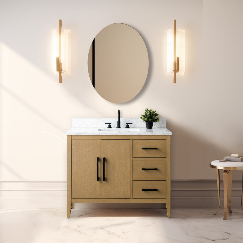 Vanity Art Bathroom Vanity With Sink, Natural Oak, 42", Single Sink, Matte Black