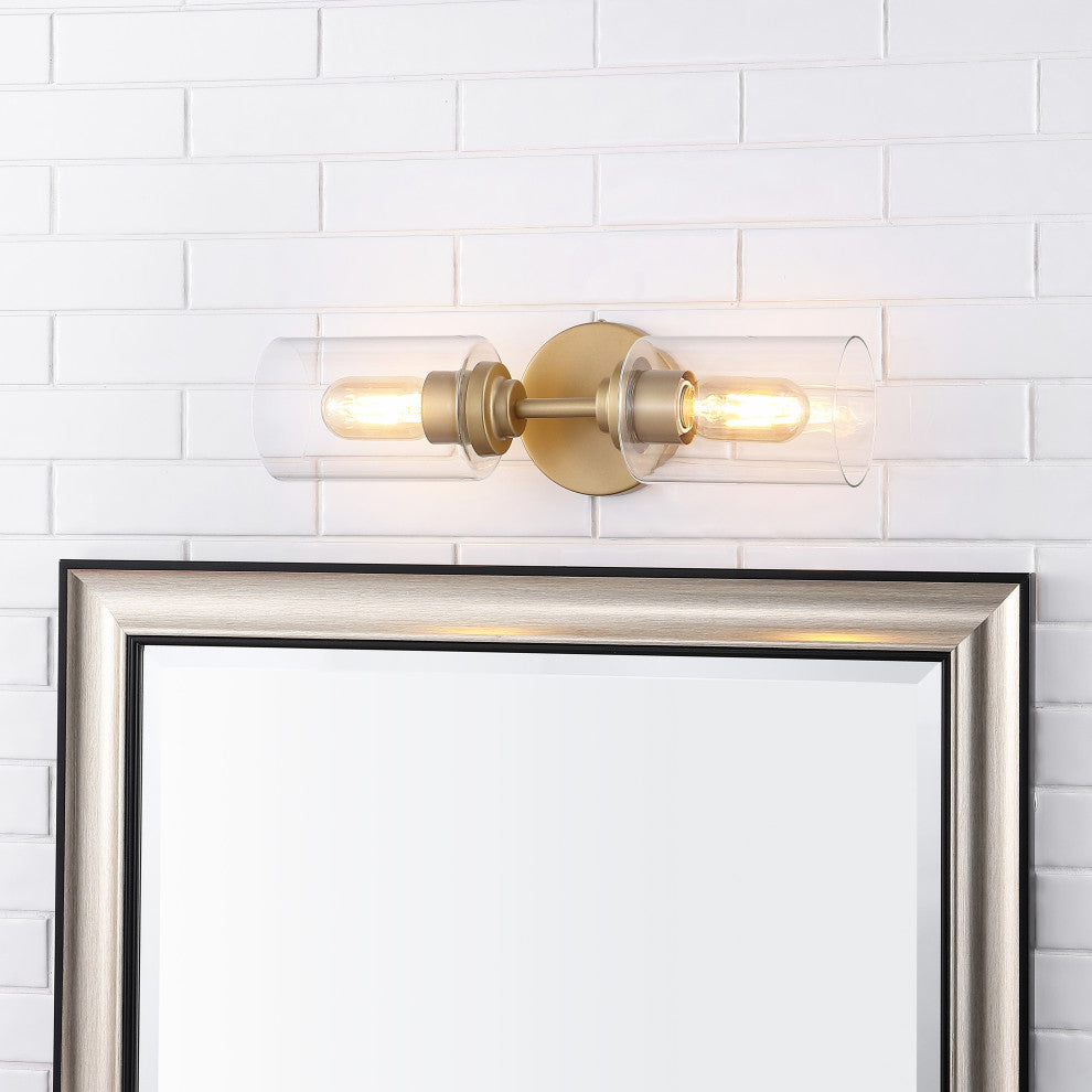 Giles 16" 2-Light Farmhouse Industrial Cylinder LED Vanity, Brass Gold/Clear