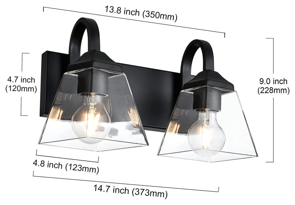 2 Light Glass Wall Sconce Black Industrial Wall Light Fixture
