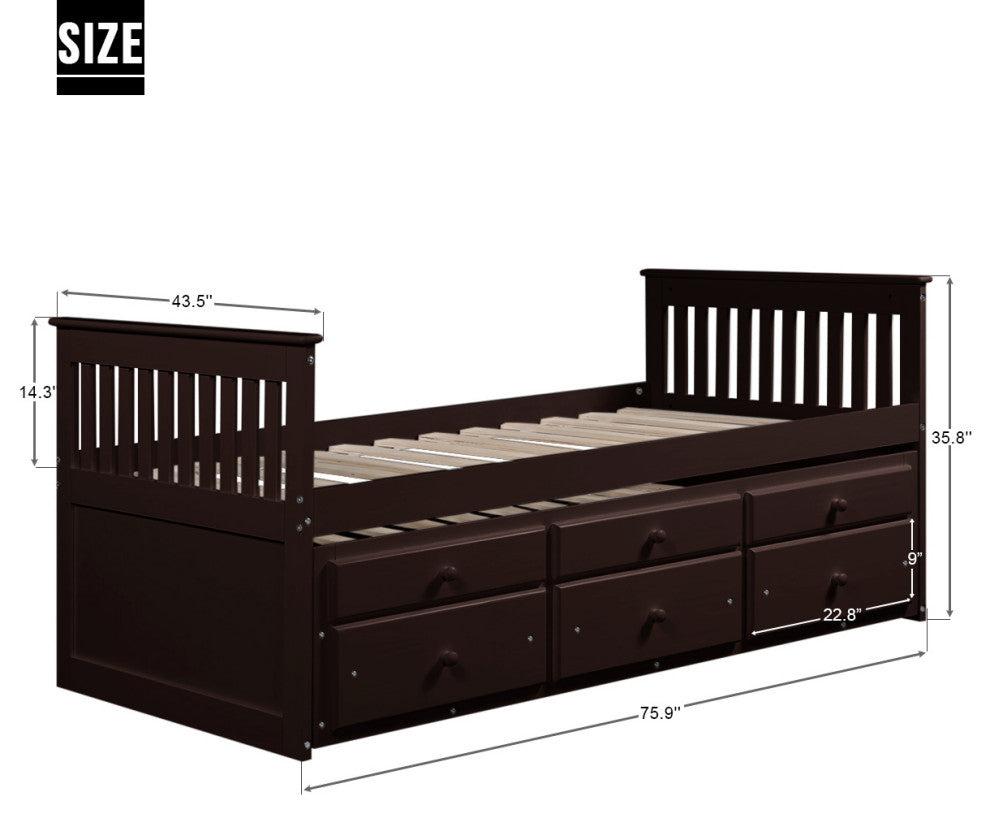 Captain's Bed Twin Daybed with Trundle and Storage Drawers, Espresso