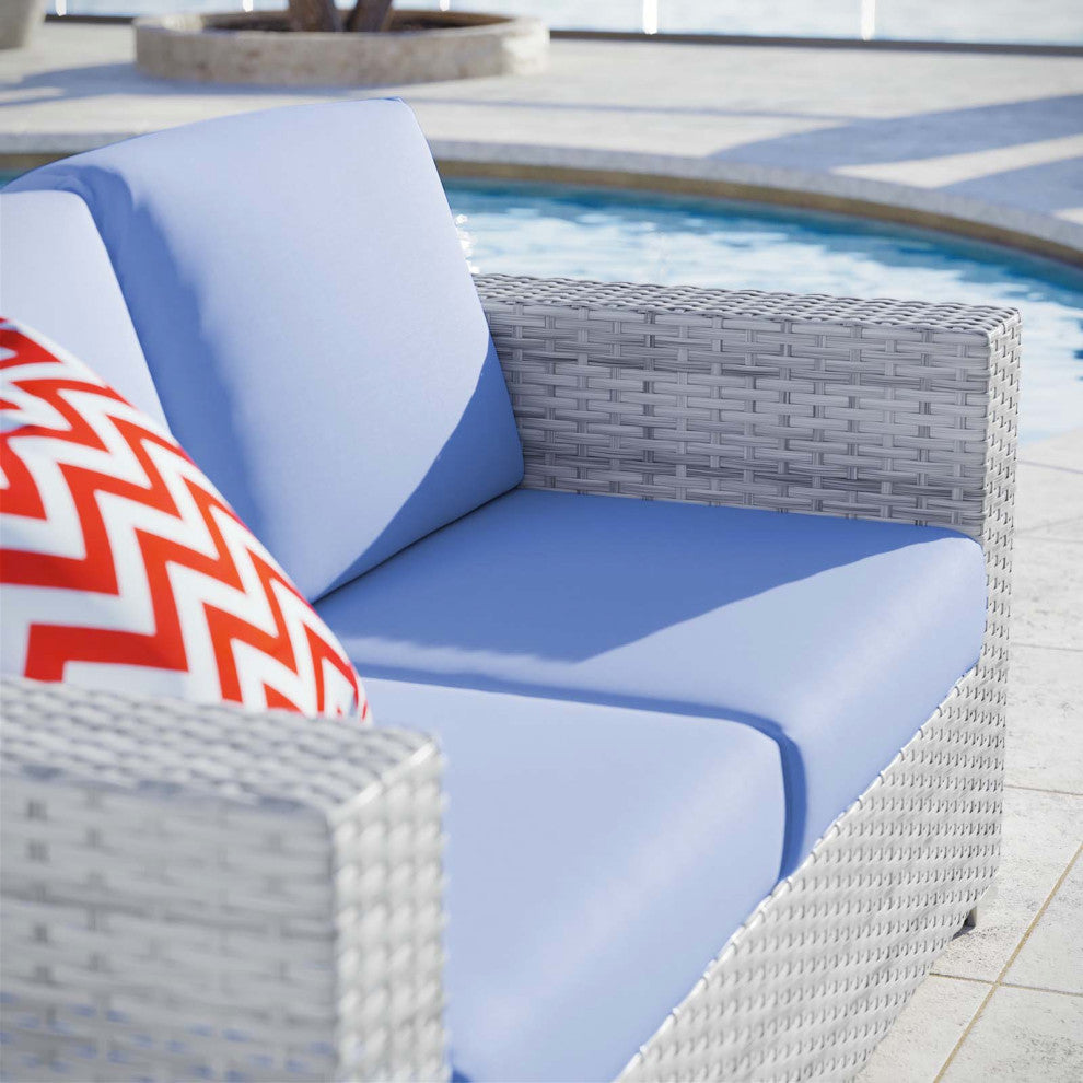 Lounge Loveseat Sofa, Rattan, Wicker, Gray Blue, Modern, Outdoor Patio Cafe