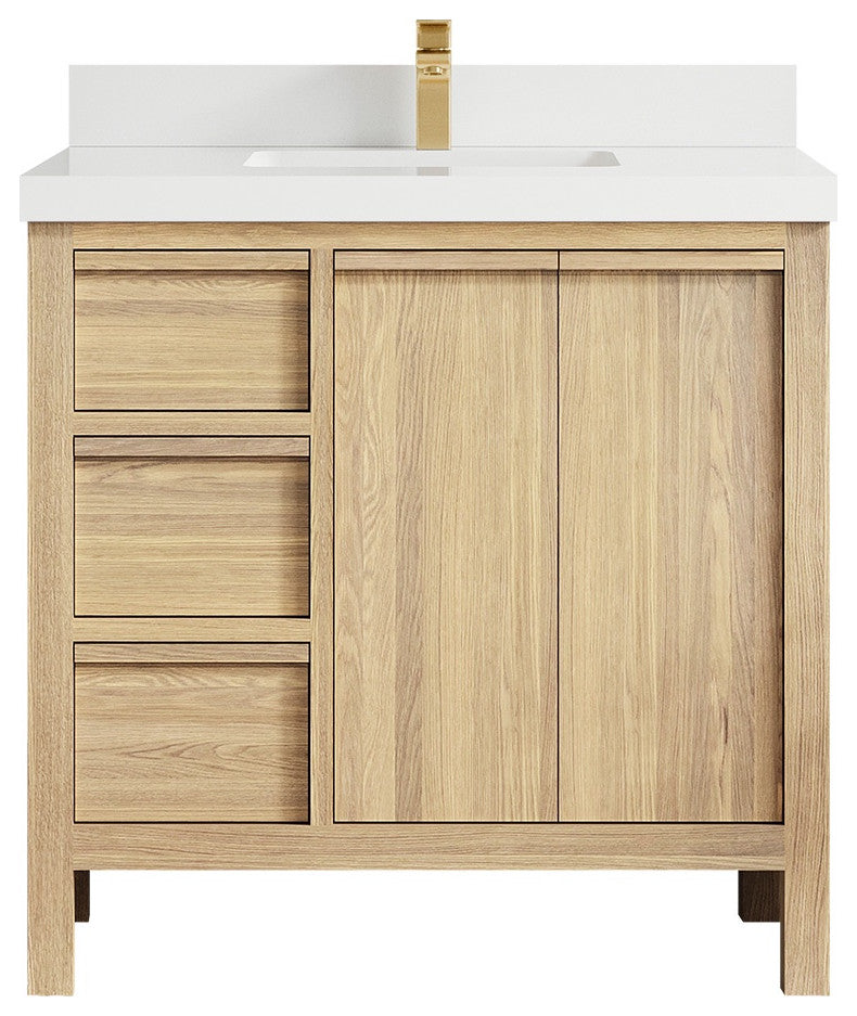 Elizabeth Oak 36" Center Sink Vanity, White 2" White Quartz
