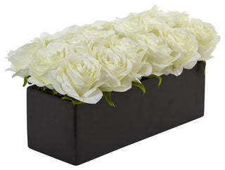 Dozen Silk Roses, Ceramic Rectangular Planter, White
