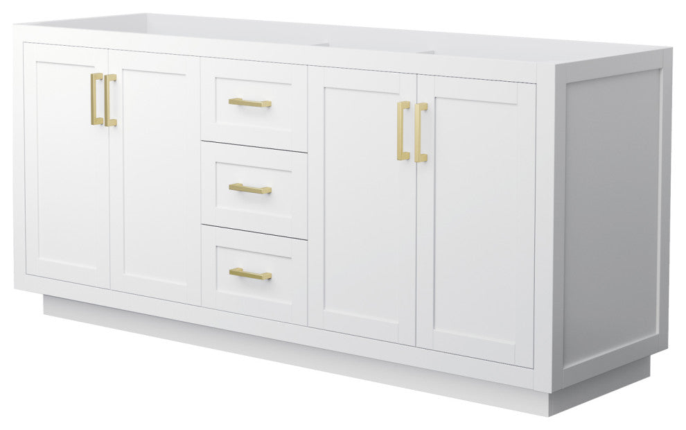 72" Double Bath Vanity, White, No Countertop, No Sink, Gold Trim