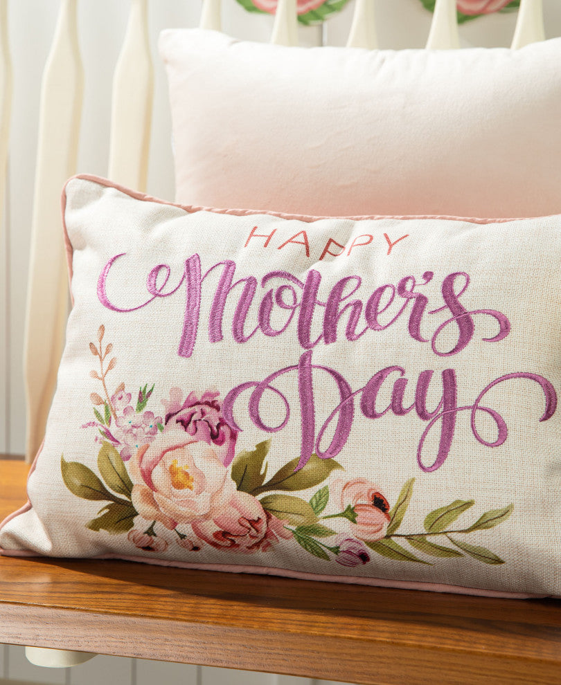 18" Faux Burlap Happy Mother's Day Floral Pillow