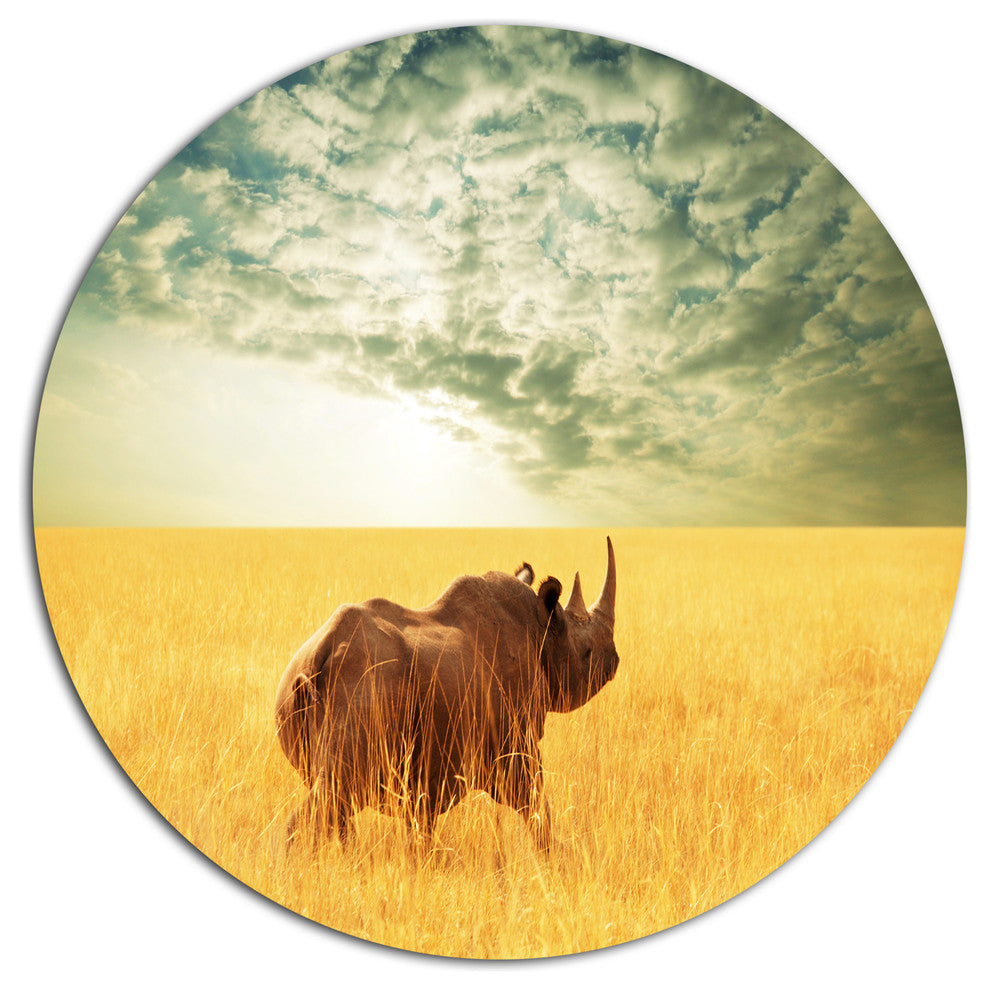 Rhino In Grassland Under Cloudy Sky, African Round Wall Art, 23"