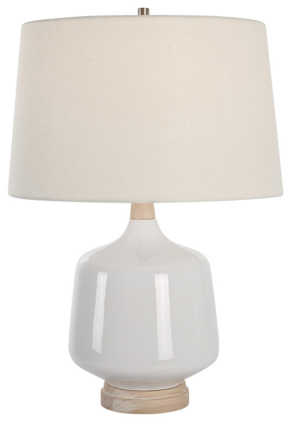 High Gloss White Ceramic Table Lamp 25 in Coastal Farmhouse Casual Wood Organic