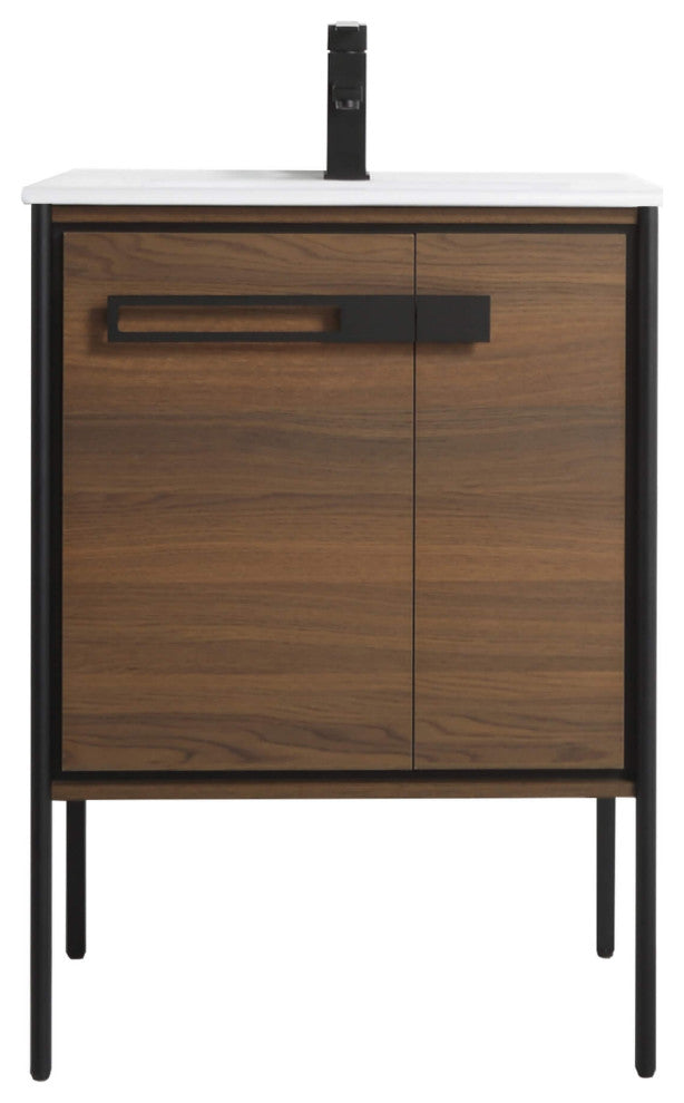 Oakville Bath Vanity, Ceramic Sink, Walnut Ebony, 24 Inch, Black Hardware
